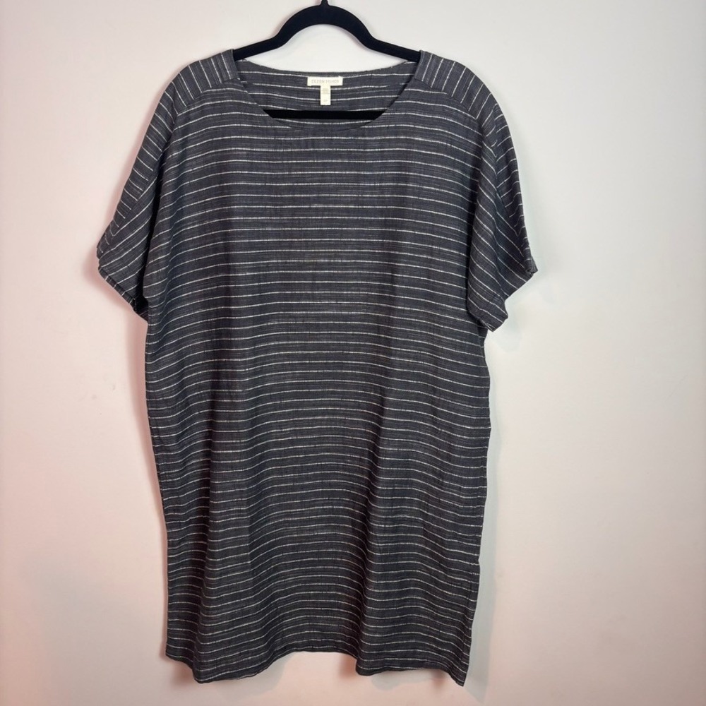 Eileen Fisher Womens Grey Striped Organic Linen Delave Tunic Shift Dress Sm Boho